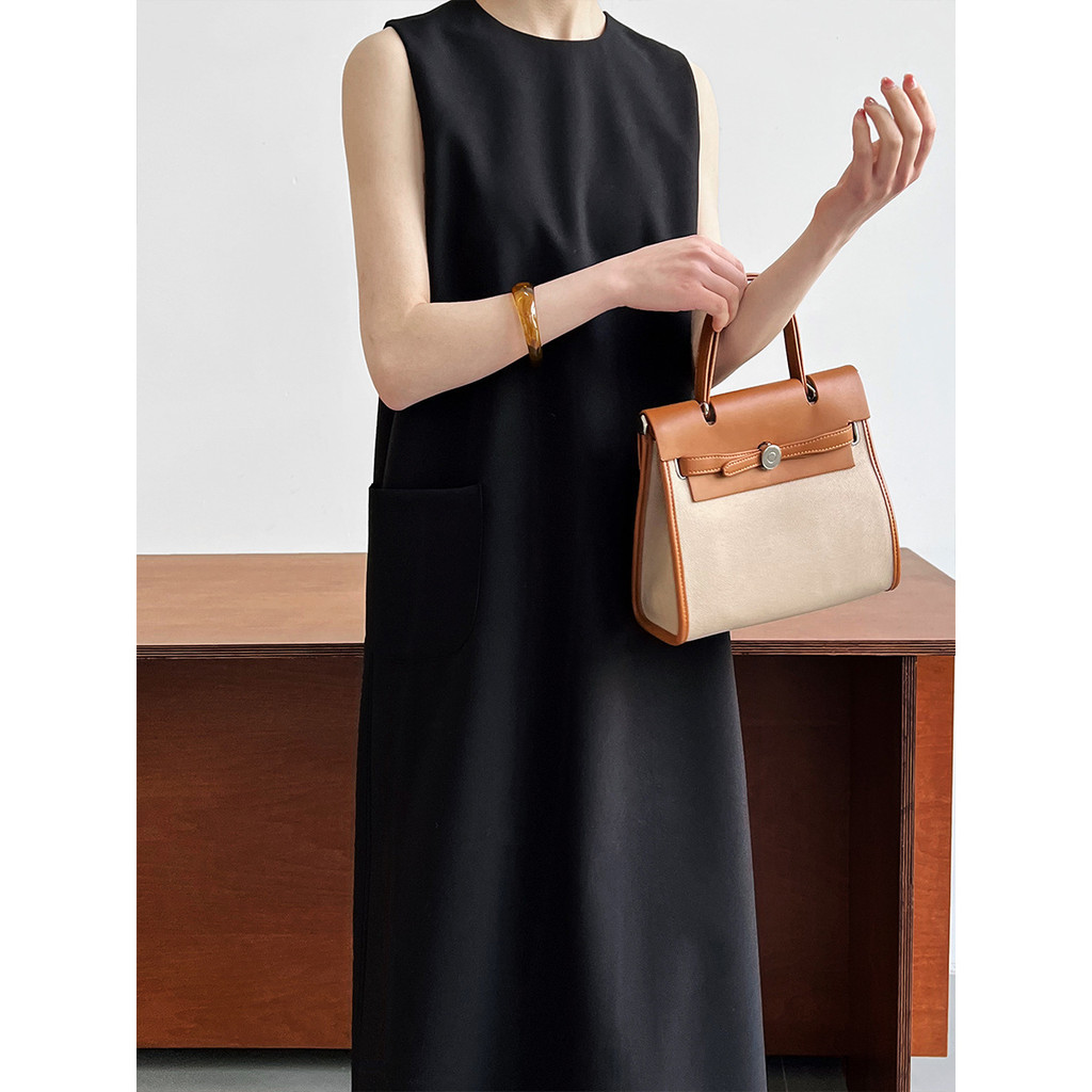 Sang Trọng Đơn Giản Đi Lại Không Tay Phù Hợp Với Áo Vest Đầm Nữ Rời Cổ Tròn Drape Váy Thẳng 3622