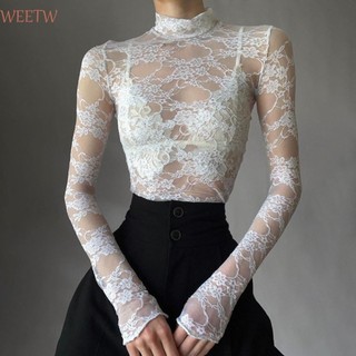 Áo lưới dài tay WEETW, Áo ren cổ cao nửa cổ rỗng, Áo lót mỏng phong cách Pháp dự tiệc
