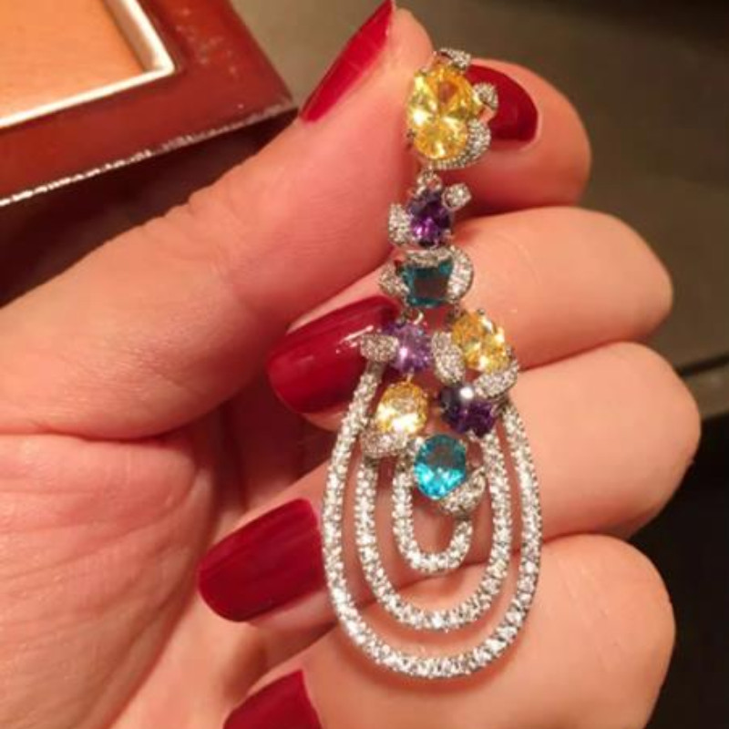 T Sang Trọng Nhiều Màu Sắc Zircon Tua Rua Bông Tai Giọt Nước Dài S925 Kim Bạc Sản Phẩm Mới Nhẹ Bông Tai Thời Trang Sang Trọng