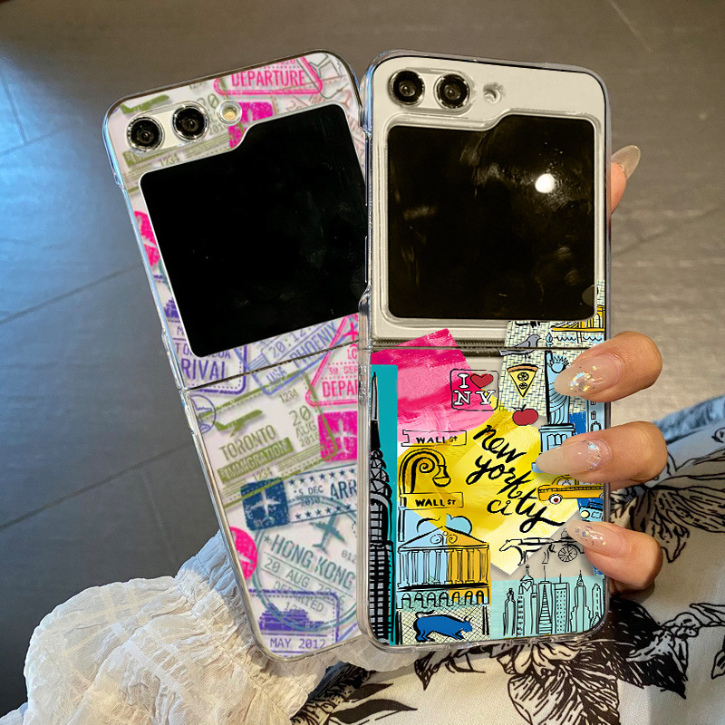 Retro Nhãn Họa Tiết Trong Suốt Vỏ Điện Thoại Cho Samsung Galaxy Z Flip 6 Flip 5 Flip 4 Flip 3 5G Cứng PC Gấp Dành Cho Samsung Z Flip 6 5 4 3