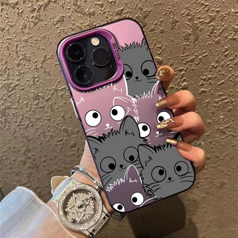 Ốp Lưng Cho iPhone 11 16 14 15 12 13 Pro Max 16e 8 7 Plus XR X XS Max SE2020 2022 Phim Hoạt Hình Mèo Sang Trọng IMD Kim Loại Cứng Chống Sốc