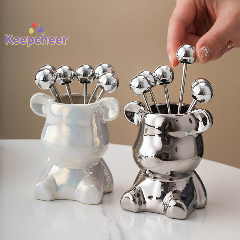 [Keepcheer] 6 Nĩa tráng miệng bằng thép không gỉ có lọ đựng đồ dùng gấu dễ thương cho bữa tiệc g Món tráng miệng Trái cây dưa chua Salad [Mới]