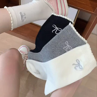 Miu Phong Cách Dễ Thương Nơ Tất Nữ Xuân Thu Cotton Nguyên Chất Giữa Ống Tất Cô Gái Hàn Quốc Slim Ins Hợp Thời Trang Tất