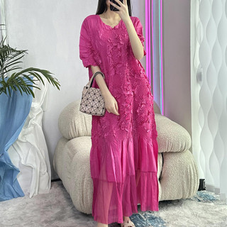 Miyake Xếp Ly Cao Cấp Công Nghiệp Nặng Thêu Nổi Đầm Cổ Tròn Rời Kích Thước Lớn Giữa Chiều Dài S