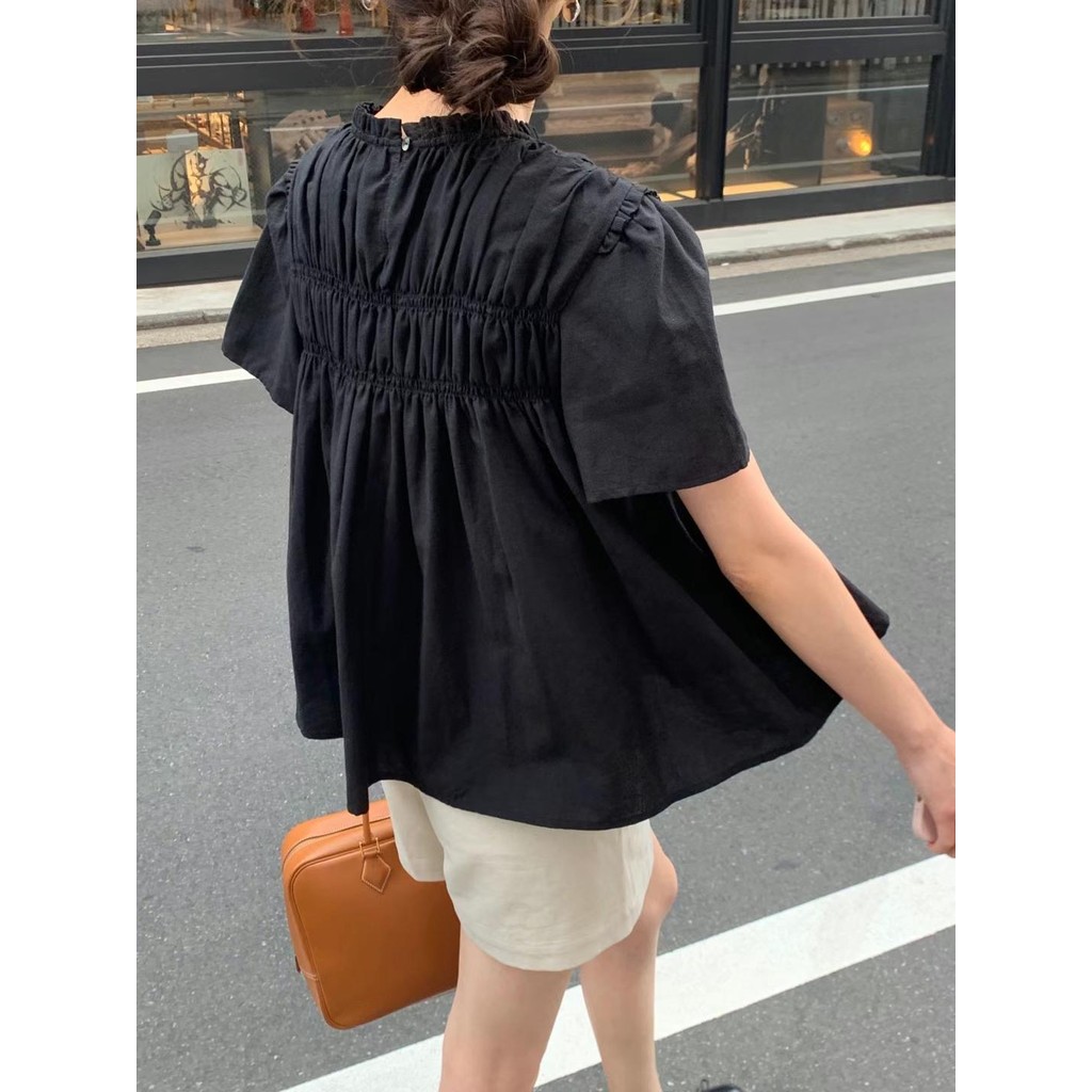 Suxi Ren Đứng Cổ Xếp Ly Rời Áo Sơ Mi Babydoll Cổ Tròn Tay Ngắn 241008