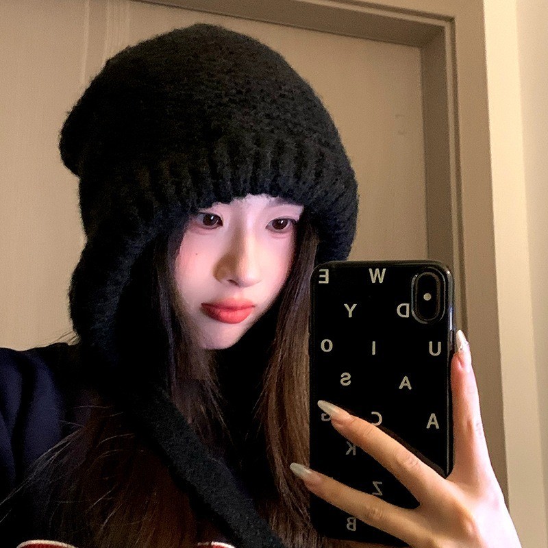 Mũ beanie dệt kim - Túi đa năng có dây rút - Thời trang, đơn giản, đa năng - Bảo vệ tai, giữ ấm, chống lạnh, dày - Mũ chui đầu mùa thu đông