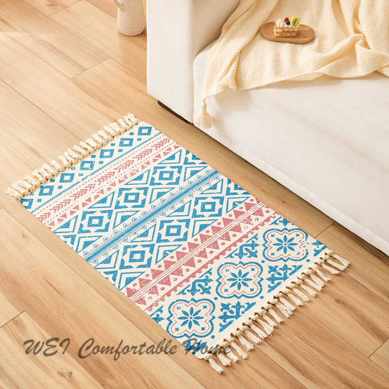 Thảm trải sàn nhỏ tươi mới Bông lanh tua rua đơn giản phong cách bohemian Thảm trải sàn phòng khách phòng ngủ bên giường thảm phong cách nổi tiếng cổ điển