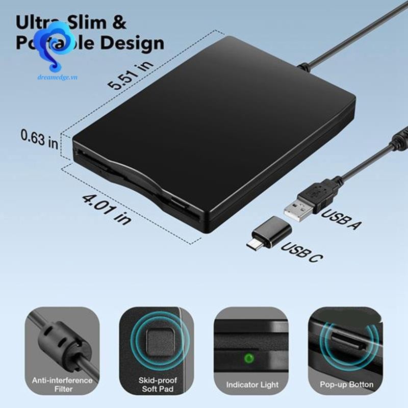 [Dreamedge] Đầu đọc đĩa mềm 3,5 Inch USB gắn ngoài loại A & C Ổ đĩa mềm Đầu đọc đĩa mềm cho máy tính xách tay