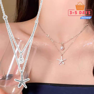 Vòng cổ sao biển ngọc trai nhiều lớp cho nữ, trang sức điều chỉnh phù hợp đi biển, quà tặng mặt dây chuyền hợp kim bạc