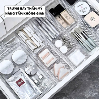 Khay Chia Ngăn Kéo Trong Suốt Vân Sọc, Khay Đựng Mỹ Phẩm Xếp Chồng Tiện Lợi Để Bàn - SUNND