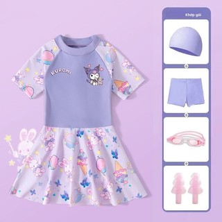 Đồ bơi liền thân bé gái Kuromi dễ thương - váy bơi hoạt hình kèm mũ và quần bảo vệ