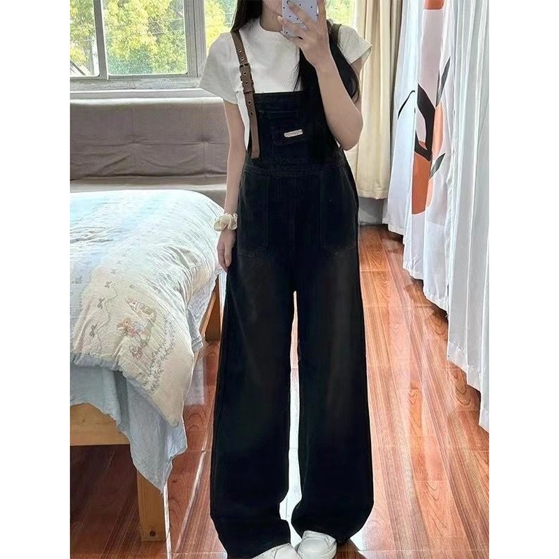 [Yu]Trang phục học viện mùa hè, yếm jean cổ điển, áo thun trắng tay ngắn, trẻ trung dễ mặc.