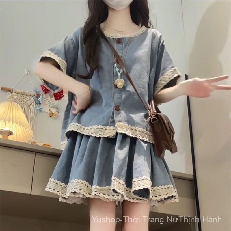 [Yu]Áo denim rộng phối váy denim ren, set hai mảnh phong cách vintage cá tính cho phái đẹp.