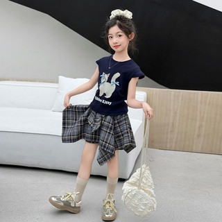 Set Áo Thun Mèo Dễ Thương + Váy Kẻ Sành Điệu Cho Bé Gái – Phong Cách Hàn Quốc