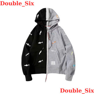 Áo Khoác Thom Thêu Cá 2 Mảnh Đen Xám Double - Six. Áo Nỉ, Áo Hoodie Dày Dặn