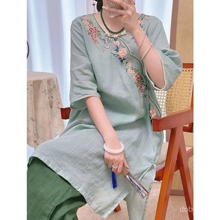 Áo đầm phong cách cổ điển Trung Quốc, vải lanh cotton thêu họa tiết thiền trà