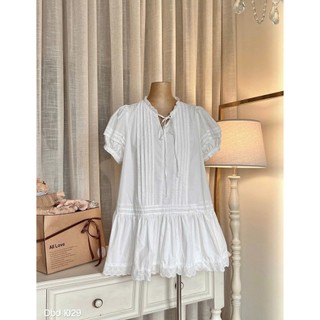 Váy babydoll chất thô mềm mix ren gấu xếp li trước, có dây buộc nơ tiểu thư nhẹ nhàng