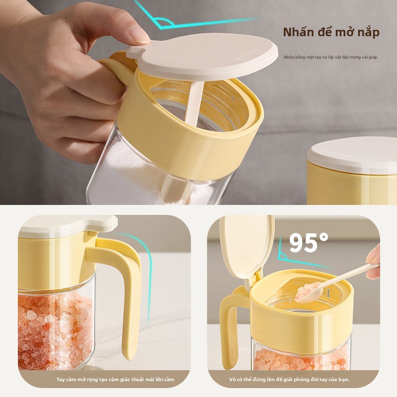 Hũ đựng gia vị thủy tinh cao cấp chống ẩm kèm muỗng - Hộp đựng gia vị nhà bếp tiện dụng, kín khí, bảo quản tốt