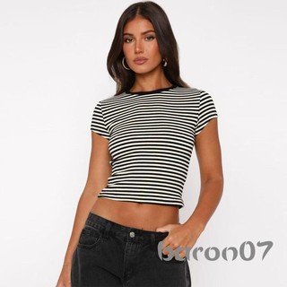 Áo thun Crop nữ mùa hè Slim Fit sọc in hình cổ tròn tay ngắn