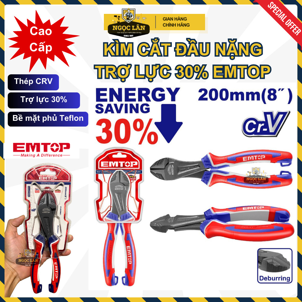 [Chính hãng] Kìm cắt EMTOP đầu nặng, trợ lực 30% thép CRV xử lý bề mặt phủ Teflon cao cấp