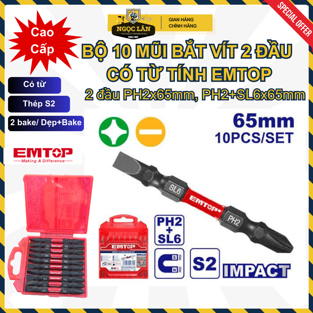 [Chính hãng] Bộ 10 mũi bắt vít 2 đầu EMTOP dài 65mm PH2+PH2, PH2+SL6 thép S2 cao cấp