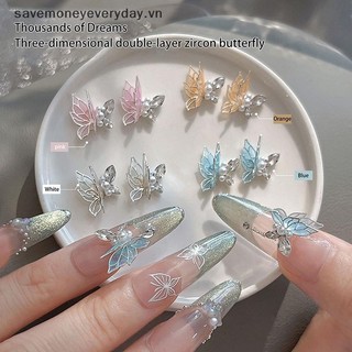 [savemoneyeveryday] Double Zircon Nail Art Charm 3d Ngọc Trai Pha Lê Trang Trí Móng Tay Diy Phụ Kiện Móng Tay Tinh Tế [vn]