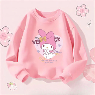 Trẻ em My Melody Kuromi Áo thun cổ tròn dài tay Áo thun hoạt hình nhẹ Trang phục hàng đầu