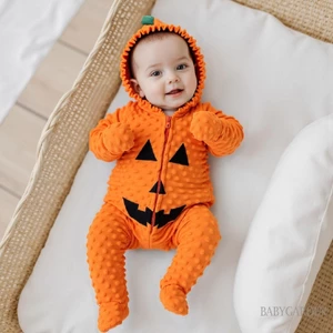 Bé Sơ Sinh Halloween Trang Phục Quấn Chân Bí Ngô Quỷ Mặt Khóa Kéo Dài Tay Có Mũ Trùm Đầu Cho Mùa Thu