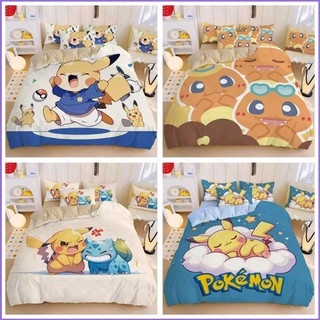 G13 Pokemon Pikachu Psyduck 4IN1 Ga trải giường Vỏ chăn gối Bộ chăn ga gối Bộ đồ giường Phòng ngủ gia đình Bộ đồ có thể giặt được G13