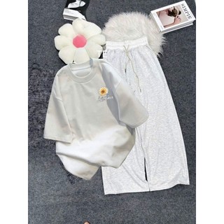 Tổng hợp các sét bộ quần ống suông da cá xám+ mix áo phông hoa cúc in ngực form rộng CHẤT COTTON MÁT-