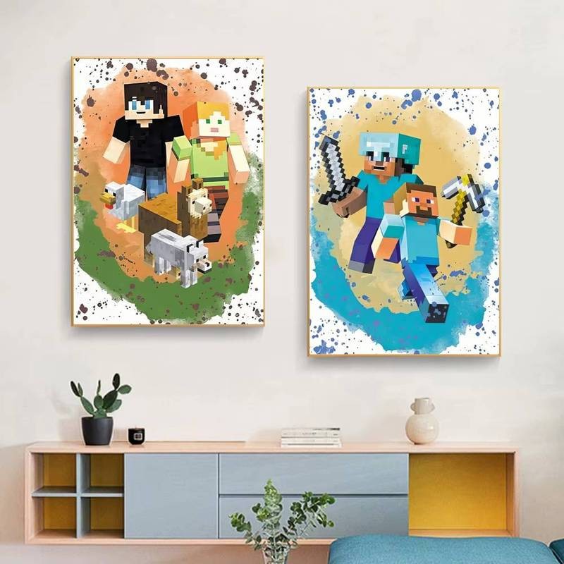 Phổ Biến Trò Chơi Phổ Biến Hoạt Hình Poster M - Minecraft Nhân Vật Pixel Nghệ Thuật In Phòng Trẻ Em Trang Trí Tường Trò Chơi Không Gian Tranh Canvas