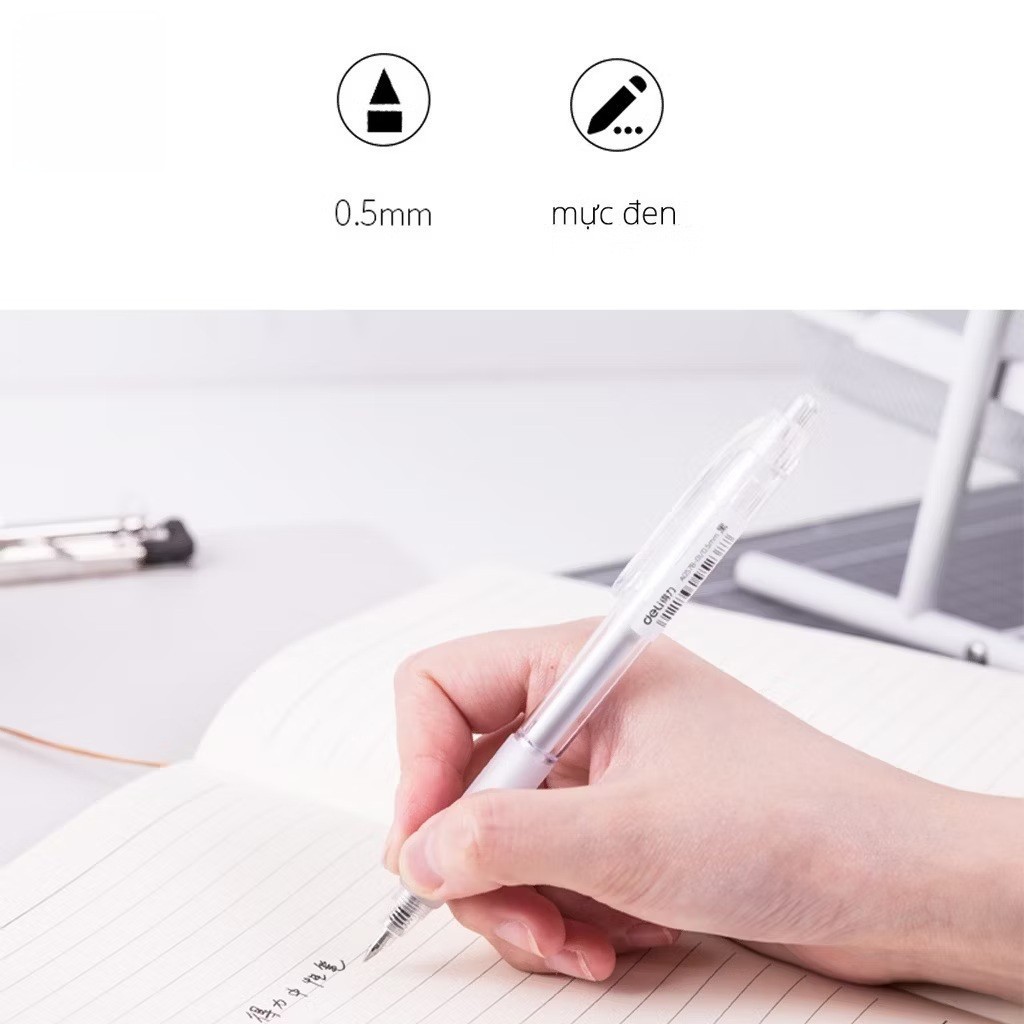 Bút bi gel, Bút bi bấm mực màu đen Deli A507B vỏ trong suốt ngòi 0.5mm