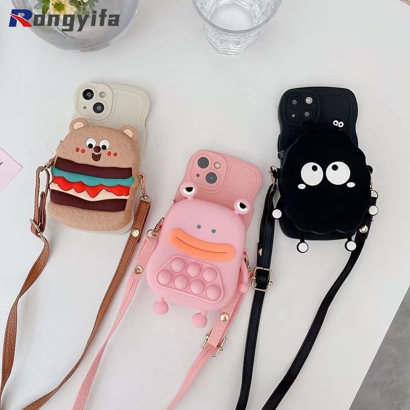 Ốp Điện Thoại Ví Đựng Tiền Xu Ếch Cho iPhone 15 14 13 12 11 Pro Max 15 14 8 7 Plus 13 12 Mini 6S 6 X XR XS Max SE2020 Vỏ Hoạt Hình Màu Đen Bánh Burger Bear Chống Rơi