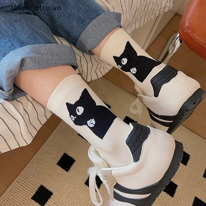 THI Hoạt Hình Dễ Thương Màu Sắc Phù Hợp Với Tất Cotton Polyester Giữa Ống Tất Thoáng Khí Hấp Thụ Mồ Hôi Thể Thao Tất Ngọt Ngào Học Sinh VN