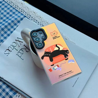 Happy Black Lazy Cat Casing Cho Samsung s22 s22plus ultra Case Brown Puppy Pattern S23 S23Plus s23fe s24 s24plus s24ultra Ốp điện thoại