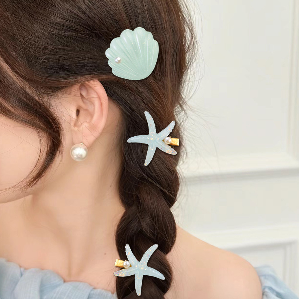 Kẹp tóc họa tiết động vật biển - Kẹp tóc vỏ sao biển màu xanh bạc hà - Nhựa, Phim hoạt hình, Ngọt ngào, Dễ thương Kẹp mỏ vịt cho trẻ em - Girls Bangs Side Barrettes - Phụ kiện tóc phổ biến