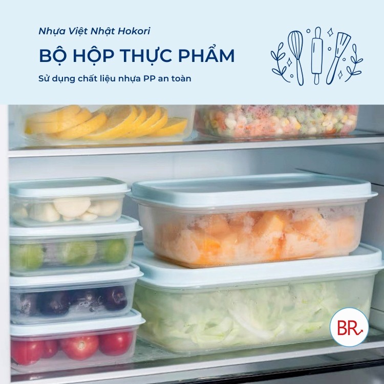 Bộ hộp thực phẩm chữ nhật Hokori (MS:6533) Việt Nhật, Hộp bảo quản thức ăn, đồ đông lạnh an toàn tiện lợi -br 02074