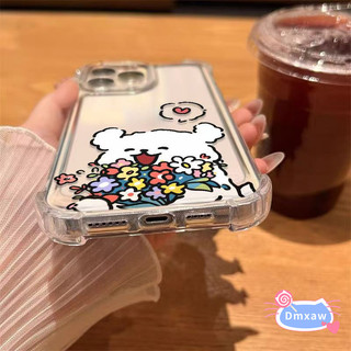 Ốp điện thoại hình chú chó con dễ thương cầm hoa cho iPhone 16 15 Pro Max 15 Plus 14 Plus 14 Pro Max 13 Mini 13 Pro Max Vỏ đơn giản Cặp đôi Vỏ mềm chống rơi