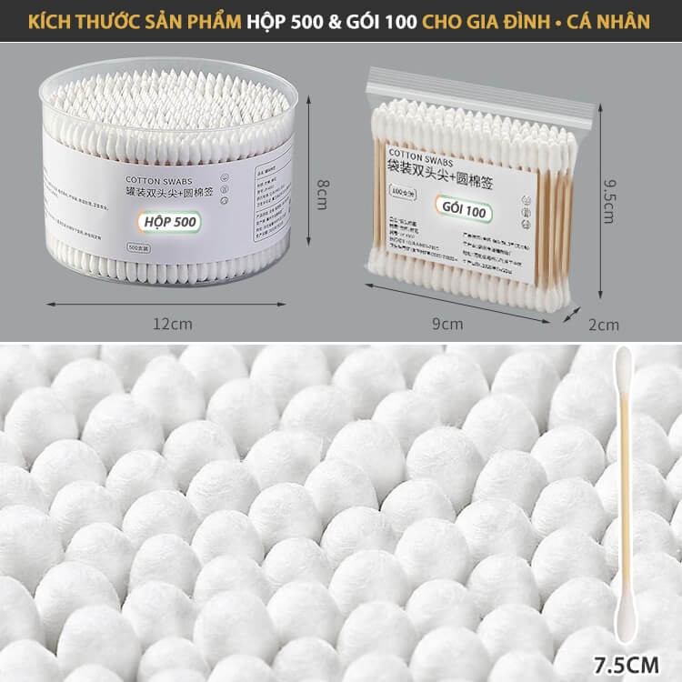 Hộp 500 Tăm Bông Thân Gỗ Tre Ngoáy Tai Người Lớn 2 Đầu Vệ Sinh Tai Đa Năng An Toàn và Tiện Lợi
