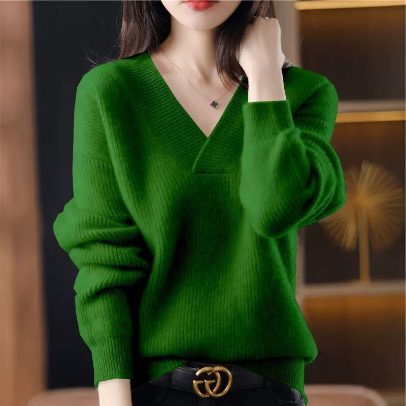 Mặc Bên Ngoài Thu Đông Màu Trơn Cổ Chữ V Áo Len Nữ Rời Ôm Hơn Nhìn Dệt Kim Chui Đầu