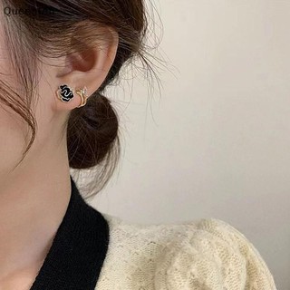 Queenten Độc Đáo Vintage Tính Khí Thanh Lịch Màu Đen Camellia Kim Cương Giả Hoa Nhỏ Phong Cách Mới Bông Tai QT