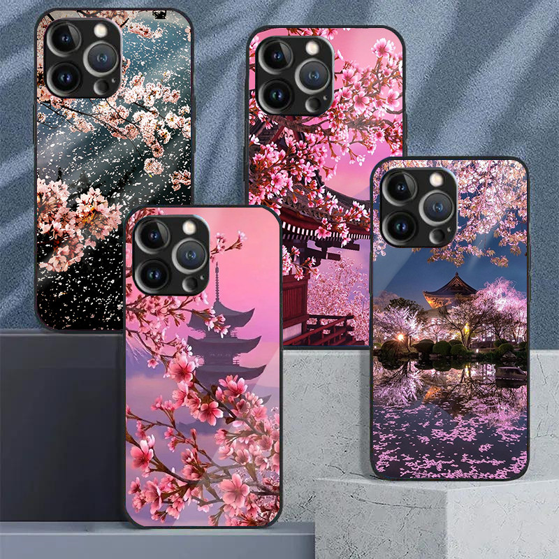 Ốp Điện Thoại Kính Cường Lực Hoa Anh Đào Cho IPhone 15 14 13 12 11 Pro XS Max Plus Mini X XR 8 7 6s SE2 / 3