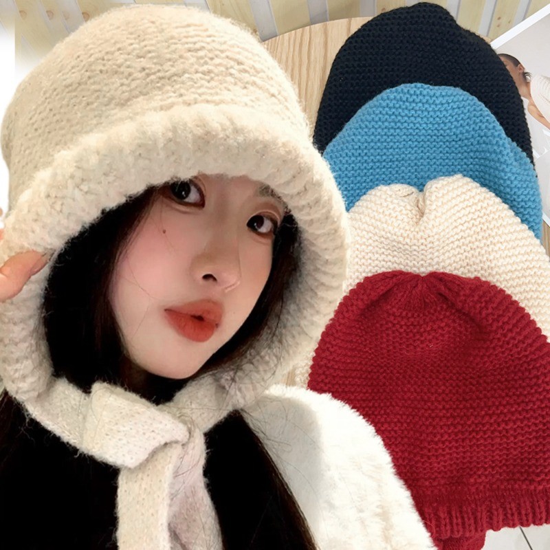 Mũ beanie dệt kim - Túi đa năng có dây rút - Thời trang, đơn giản, đa năng - Bảo vệ tai, giữ ấm, chống lạnh, dày - Mũ chui đầu mùa thu đông