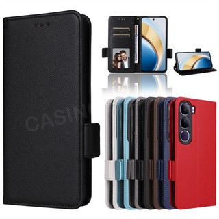 Ốp Lưng Cho Vivo V40 V60 V50 Lite E V40Pro V30E V29E Y29 S Y29T 4G 5G Sang Trọng Lật Da Bên Khóa Lychee Kết Cấu Vỏ Điện Thoại Khe Cắm Thẻ Chân Đế Vỏ Điện Thoại Chống Sốc