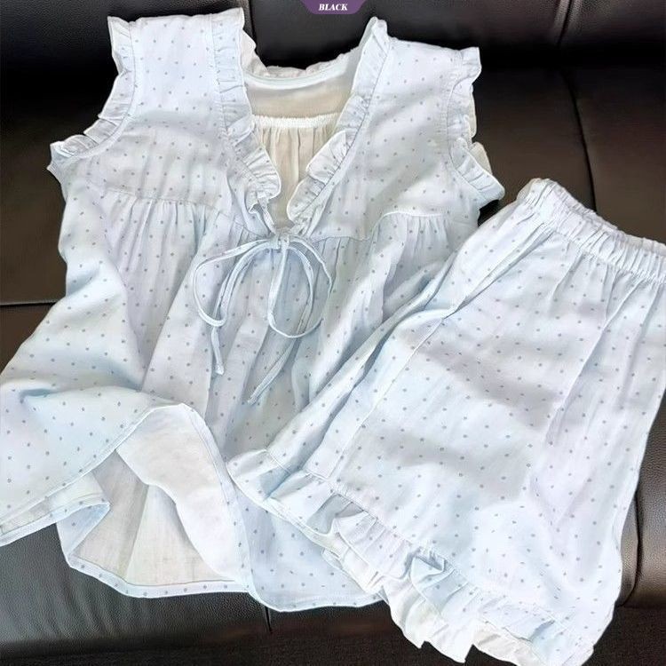 Đồ ngủ nữ bộ vest và quần short bằng gỗ ren chấm bi không tay mới mùa hè