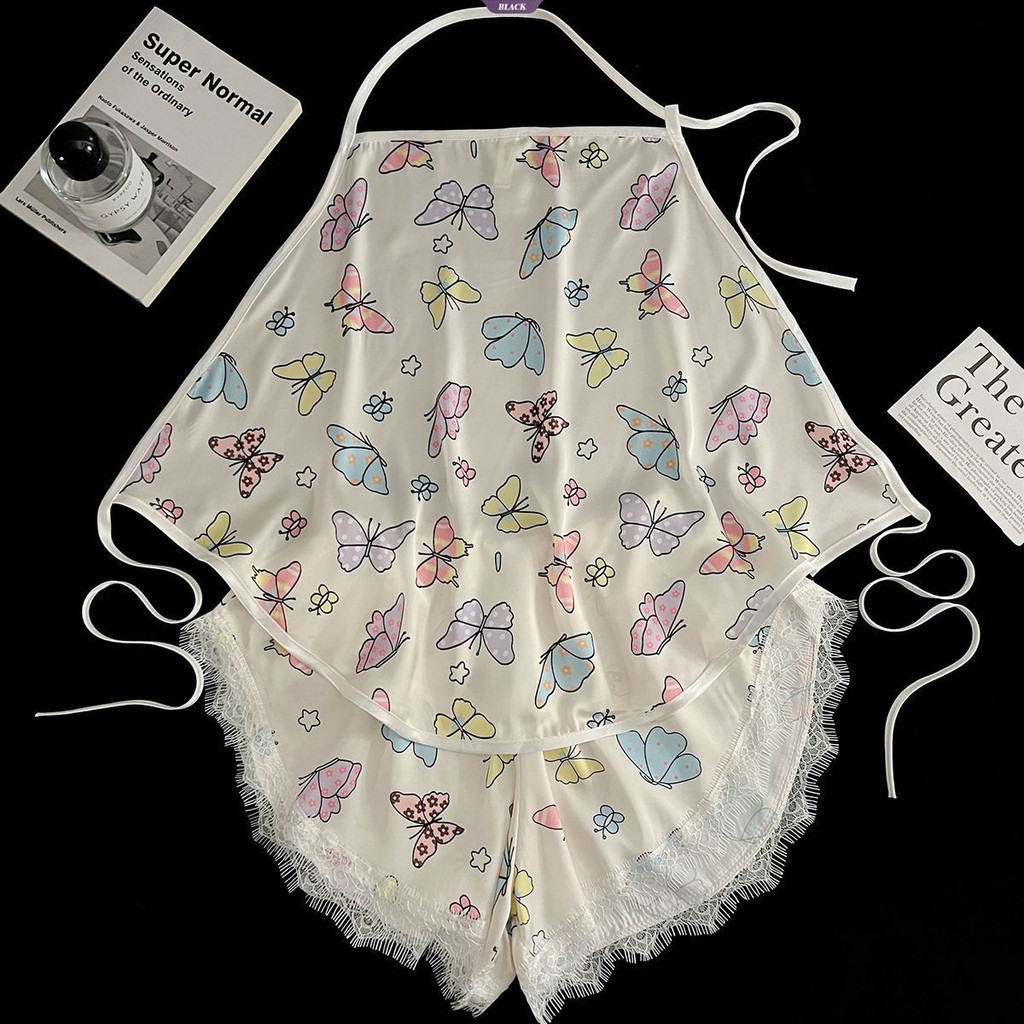 Napping Crayon Shin-chan Ice Silk Belly Pocket Pyjama Set Quần Short Ren Mùa Hè Mới Ngọt Ngào Gợi Cảm Thắt Lưng Homewear [BL]