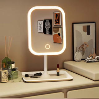 [Đến 3-5 ngày] Gương trang điểm LED hiện đại có thể sạc lại USB-C, Khay đựng & phóng đại 10X, Gương để bàn siêu mỏng có điều khiển bằng cảm ứng, Phong cách tối giản màu trắng