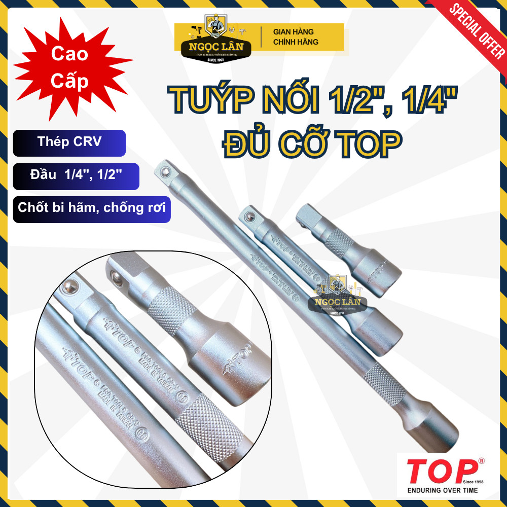 [Chính hãng TOP] Típ nối, đầu tuýp nối TOP 1/2", 1/4" dài đủ cỡ thép CRV cao cấp