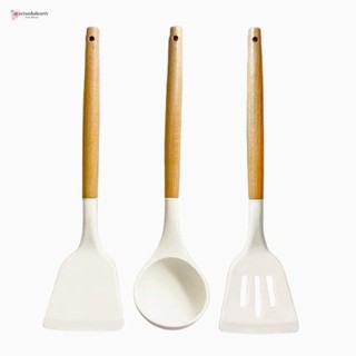 SWEETASHAHEARTS 3 Cái / bộ Thìa Turner Nấu Ăn, Chảo Chiên Bánh Chảo Dụng Cụ Nấu Ăn Thìa Silicon Xẻng, Dụng Cụ Nhà Bếp Màu Be Chống Dính Bền