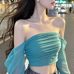 Marbit Nữ Ngoài Vai Lưới Mùa Hè Tay Dài Ngày Lễ Ngọt Ngào Xếp Ly Crop Tops Mới